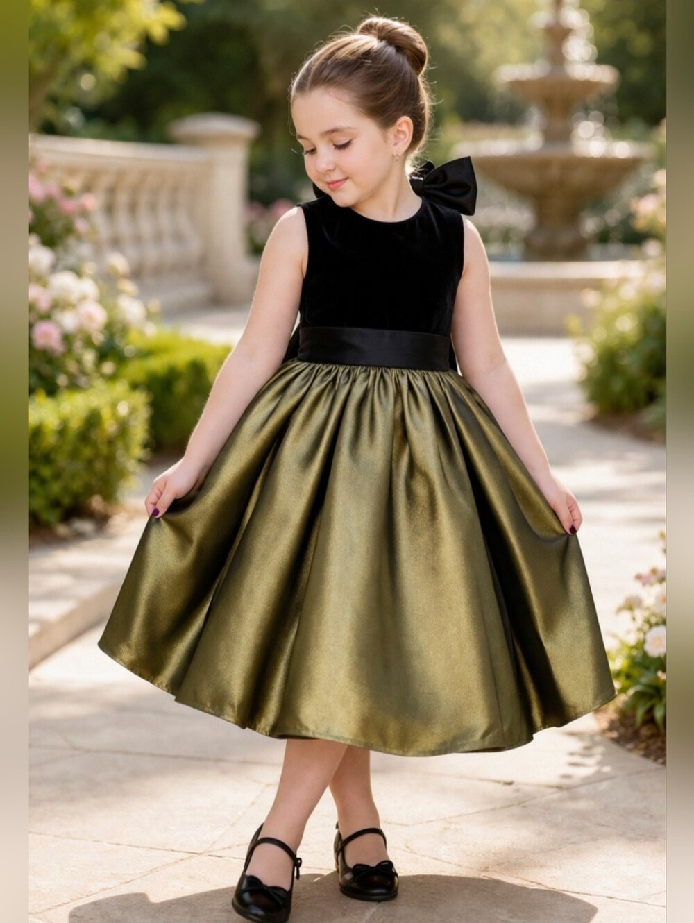 Girls Black Velvet Gold Holiday Party Dress Keyhole Back Flower Girl Size